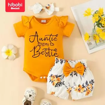Hibobi, шорты с короткими рукавами и цветочным узором для маленьких девочек, бандана Hayi, комплект из трех предметов 0-3 Months жёлтый