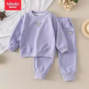 Hibobi Весенний комплект из 2 предметов: свитшот и брюки для девочек, модный и повседневный однотонный спортивный костюм с круглым вырезом для детей 1-6 лет 90 фиолетовый