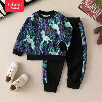 Hibobi, весенний комплект из 2 предметов для маленьких мальчиков, толстовка с принтом динозавра и черный брючный костюм, модный костюм со штанами для детей 1-6 лет 18-24 Months чёрный