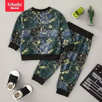 Hibobi весенний комплект из 2 предметов для мальчиков, костюм-свитшот с принтом динозавра, модный спортивный спортивный свитер с круглым вырезом, брюки, костюм для детей 1-3 лет 9-12 Months темно-зеленого