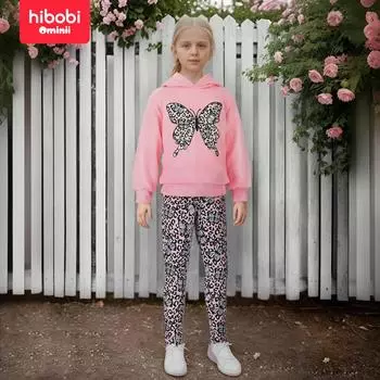 Hibobi, весенний комплект из 2 предметов, толстовка с капюшоном и штанами для йоги с длинными рукавами и принтом бабочки для девочек, комплект для детей 4-8 лет 4-5 Years розовый