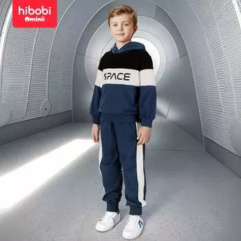 Hibobi, весенний комплект из 2 предметов, толстовка с капюшоном для мальчиков, брючный костюм, модный повседневный спортивный костюм с буквенным принтом, подходит для детей 4-9 лет 4-5 Years синий
