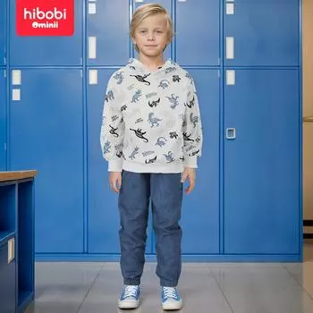 Hibobi, весенний комплект из 2 предметов, весенняя толстовка с капюшоном и принтом динозавра для мальчиков и джинсы, повседневный спортивный комплект свитшотов, подходит для детей 1-6 лет 18-24 M белый