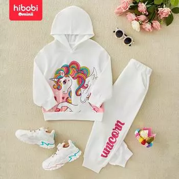 Hibobi весенний комплект из двух предметов для девочек, костюм-толстовка с капюшоном и рисунком единорога, модный спортивный костюм-толстовка, брюки, костюм для детей 4-9 лет 120 белый