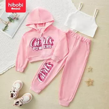 Hibobi, весенний спортивный костюм из трех предметов для девочек, толстовка на молнии с капюшоном, штаны, модный повседневный спортивный костюм с буквенным принтом для детей 4-9 лет 4-5 Years розовый