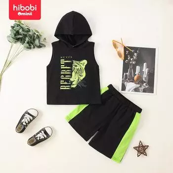 hibobi: жилет с капюшоном с принтом букв и тигров для маленьких мальчиков и шорты с цветными блоками 18-24 M чёрный