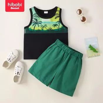hibobi: жилет с принтом кокосовой пальмы для малышей и однотонные шорты из двух предметов 18-24 M темно-зеленого