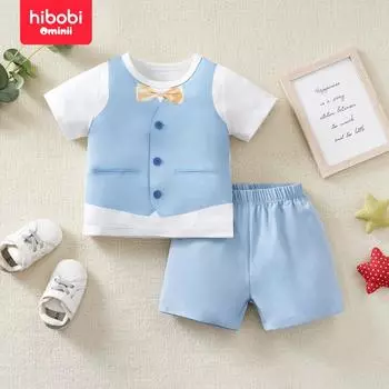 Hibobi, жилет в джентльменском стиле для маленьких мальчиков, футболки с короткими рукавами с принтом, комплект футболок с короткими рукавами и шорт 9-12 Months небесно-голубой
