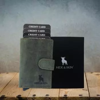 HIDE & SKIN Unisex Leather RFID Blocking Card Holder Cum Minimalistic Wallet (Боевой зеленый)
