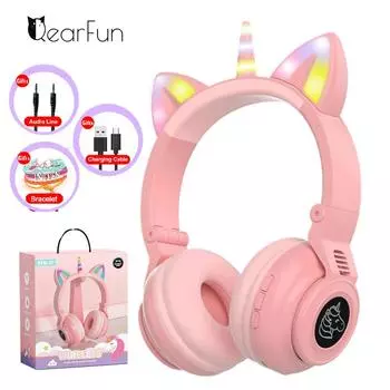 HiFi для девочек, беспроводные наушники Unicorn с микрофоном, стерео бас, милые детские музыкальные Bluetooth-гарнитуры для малышей и кошек, поддержка карт SD