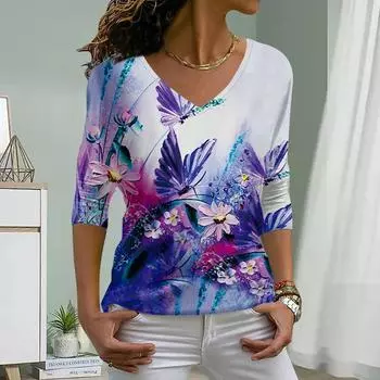 Higanbana Print Женские футболки Женские топы Длинные рукава V-образный вырез Пуловер Femme Футболки Футболка для женщин XS синий