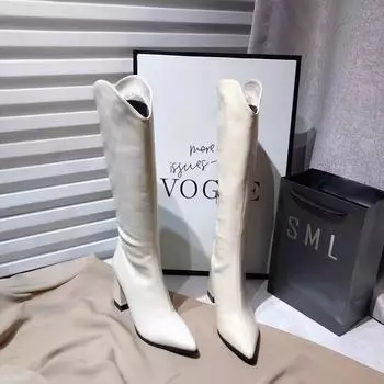 High boots V-mouth long boots women s autumn 2025 new thick heel high heel boots small boots versatile knight boots 34 чёрный