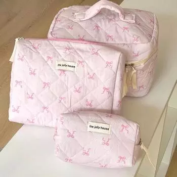 High Capacity Cosmetic Bags Women Bowknot Makeup Bag Zipper Quilting Storage Bag Portable Female Toiletry Pouch Organizer Case As Picture Show
