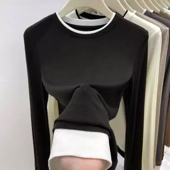Высокоэластичная поддельная футболка из двух частей с длинными рукавами, нижняя часть рубашки для женщин, осень и зима, новый стиль, многослойный, контрастный цвет, внутренняя часть правого плеча S
