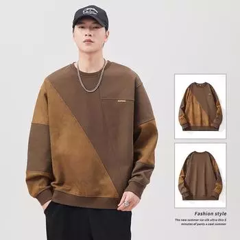 Высококачественный американский свитер с круглым вырезом для мужчин, весна и осень, свободный, большой размер, мужской, тяжелый, ретро, сращивание, прилив M глубокая кофе