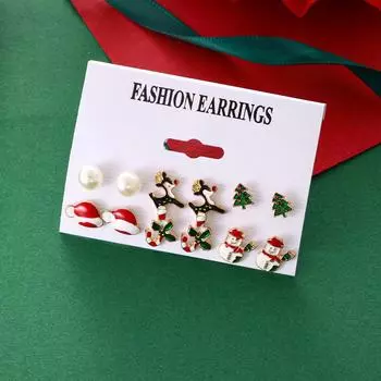 High-End Christmas Cartoon Earrings Set: Pearl Elk, Santa Hat, Snowman, and Candy Cane Designs for Women CK0561 золотой