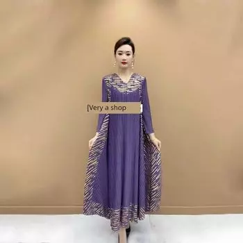 High-End Elegant Bronzing Ruched Dress Autumn New Arrival Plus Size Women s Clothing Fashion Simple Western Style Flab Hiding Mom Wear Purple XL [Suggested 52.50 kg-60.00 kg]]