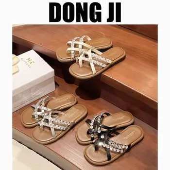 High-end fashion flash diamond thick-soled one-word slippers women s summer 2025 new one-pedal versatile beach sandals 35 серый