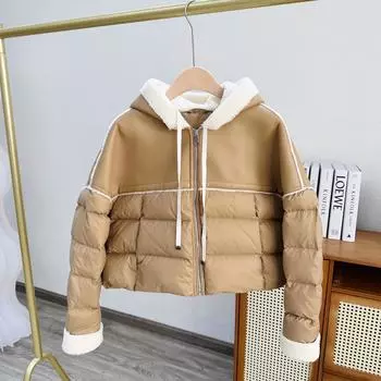 High-end leather splicing contrasting color hooded fashion small down jacket women s short loose warm jacket winter tide S recommends within 57.5 kg хаки