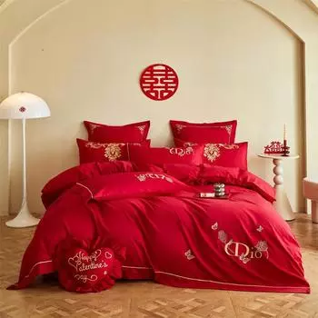 High-End Long-Staple Cotton Wedding 4Pcs Set Chinese Wedding Wedding Kit Big Red Embroidery Pure Cotton Wedding Bedding 1.5/1 4pc of sheets