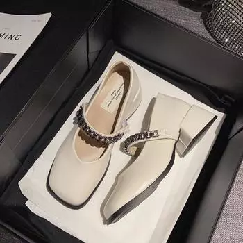 High-end niche chain brown Mary Jane shoes fairy spring fairy temperament square head small leather shoes evening shoes 35