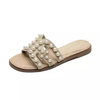 High-end pearl shell straw-woven flat-bottomed slippers women s French sandals new 35