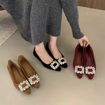 High-end rhinestone shallow single shoes women s thick heels children s spring and autumn new French fairy temperament socialite high heels 35 хаки