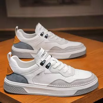 High End Shoes for Men Genuine Leather Casual Shoes Spring Fashion Flats Skate Shoes Youth Street Cool Sneakers 39 бежевый