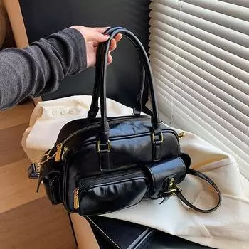 High-end simple small bag women s spring new splicing messenger bag fashionable versatile portable tote bag чёрный