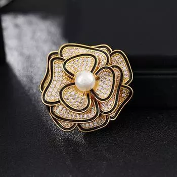 High-end small fragrant style crystal camellia brooch female high-end temperament elegant pearl brooch luxury coat pin