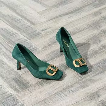 High-end spring new European goods square head shallow mouth metal buckle fashion stiletto high heels women s Korean version 35 жёлтый