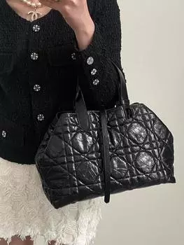 High End Version D Home Верхний слой из воловьей кожи с масляным воском Toujours Сумка-тоут из натуральной кожи Женская дорожная сумка в сетку 29x14x19cm чёрный