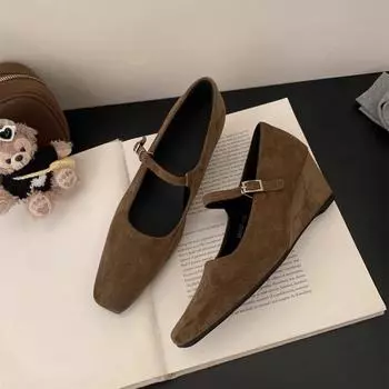 High-end wedge heel light mouth single shoes women s spring and autumn new Korean version French temperament evening fairy style suede high heels 34 чёрный