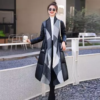 High-end white duck down long down jacket for women s 2024 winter new waist and thin woolen splicing warm jacket S чёрный