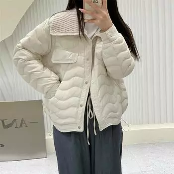 High-end white duck down sweet down jacket women s short fashion knitted large lapel splicing small pressed rubber jacket S розовый