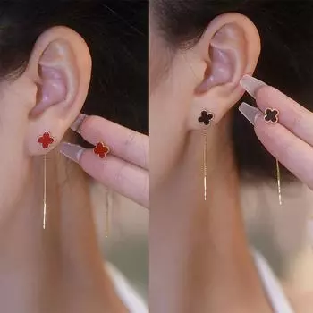 Высококачественная проволока для ушей в виде четырехлистного клевера, супер сказочный темперамент, компактные серьги с длинной цепочкой и кисточками, серьги, женские серьги чёрный