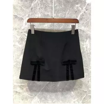 High-Grade Velvet Bows Skirt Women s Spring European Goods Wool A- line Skirt 52k23 Black S