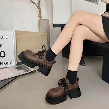 High Heel Mary Jane Shoes 2024 Women s Retro Platform Thick Heel Small Leather Shoes for Woman Retro Lacing Loafers Casual Shoes 35 чёрный