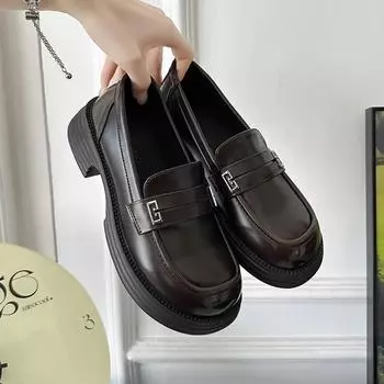 Туфли Мэри Джейн на высоком каблуке, женские, универсальные, на металлической платформе, с толстым каблуком, без застежек, маленькие кожаные туфли для девочек, туфли-лодочки для студентов 35 чёрный