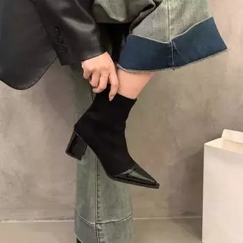 High Heel Pointed Retro Skinny Boots Short Boots Women s Shoes 2024 Autumn and Winter Suede Leopard Print French Fleece Boots 35 чёрный