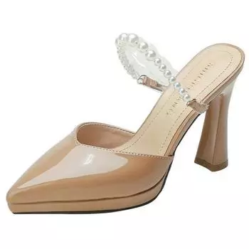 Босоножки на высоком каблуке Женские Летние Простые Остроносые Жемчужная Цепочка Тонкий Высокий Каблук Босоножки Шлепанцы Женские 35