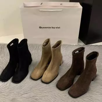 High Heel Square Head Skinny Short Boots Women s Shoes 2024 Autumn and Winter Fleece Korean Small Ankle Boots Martin Boots 35 чёрный