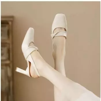 High Heel Square Heelmodern Sandals Buckle Strap Solid Women s Shoes on Sale 2025 Fashion Shallow Concise Women s Sandals 35 абрикосовый