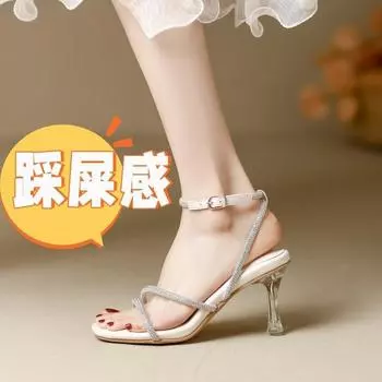 High heel thick sole versatile crystal stepping on shit feeling one word with sandals women s 2024 new summer wear high-end women s shoes 35 абрикосовый