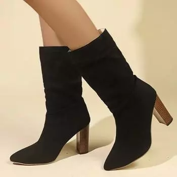 High Heel Women Boots 2024 Classic Retro Western Boots Womens Suede Fashion Pointed Pleated Design Mid-calf Boots Botas De Mujer 35 чёрный