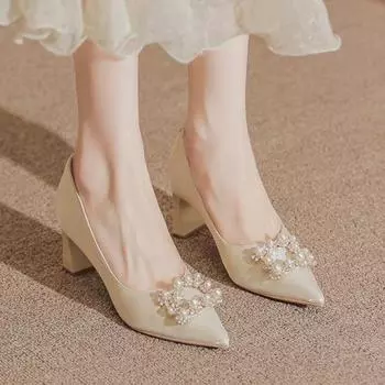 Женское свадебное платье на высоком каблуке, туфли-одиночки с толстым каблуком и квадратной пуговицей, новая свадебная обувь 35