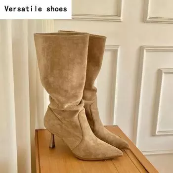 Женские сапоги в стиле ковбой на высоком каблуке, модные туфли с острым носком, осенне-зимние женские сапоги-рыцари до середины голени 35