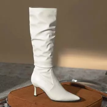 High Heeled Boots Women Knee High Wrinkled Boots High Top Retro Womens Boots Autumn and Winter with Plush Fine Heels Women 34 чёрный