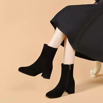 High-heeled boots women s autumn and winter new black thick-heeled thin boots round head side zipper fashion boots leather boots 34