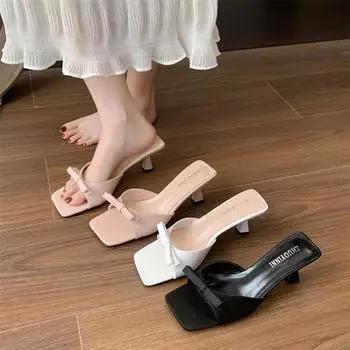 High-heeled bow French small cool slippers fairy shoes 2025 new summer wear with skirt nude women s shoes 35 чёрный